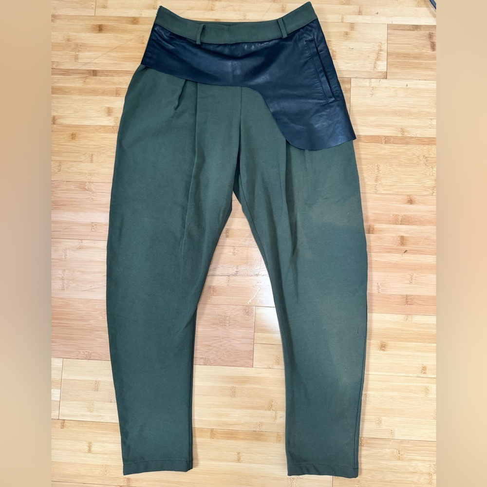 Oblique Creations | NWT Green Pant with Leather zip trouser xsmall